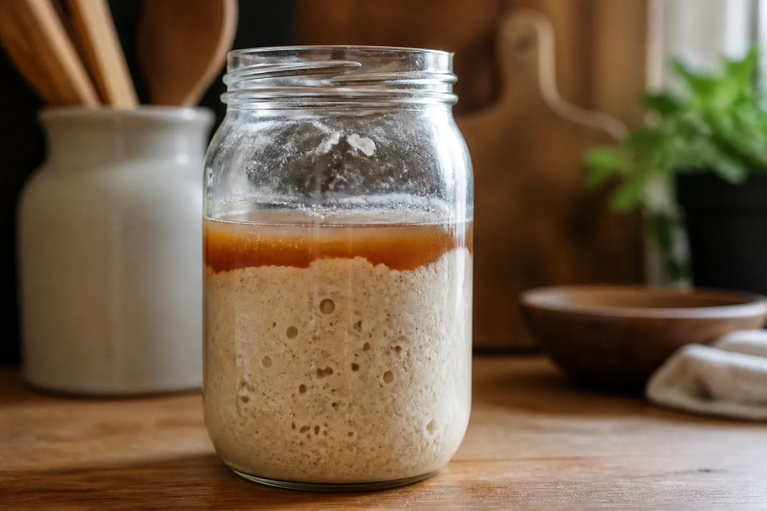 A close-up of a sourdough starter jar with a dark layer of hooch on top
