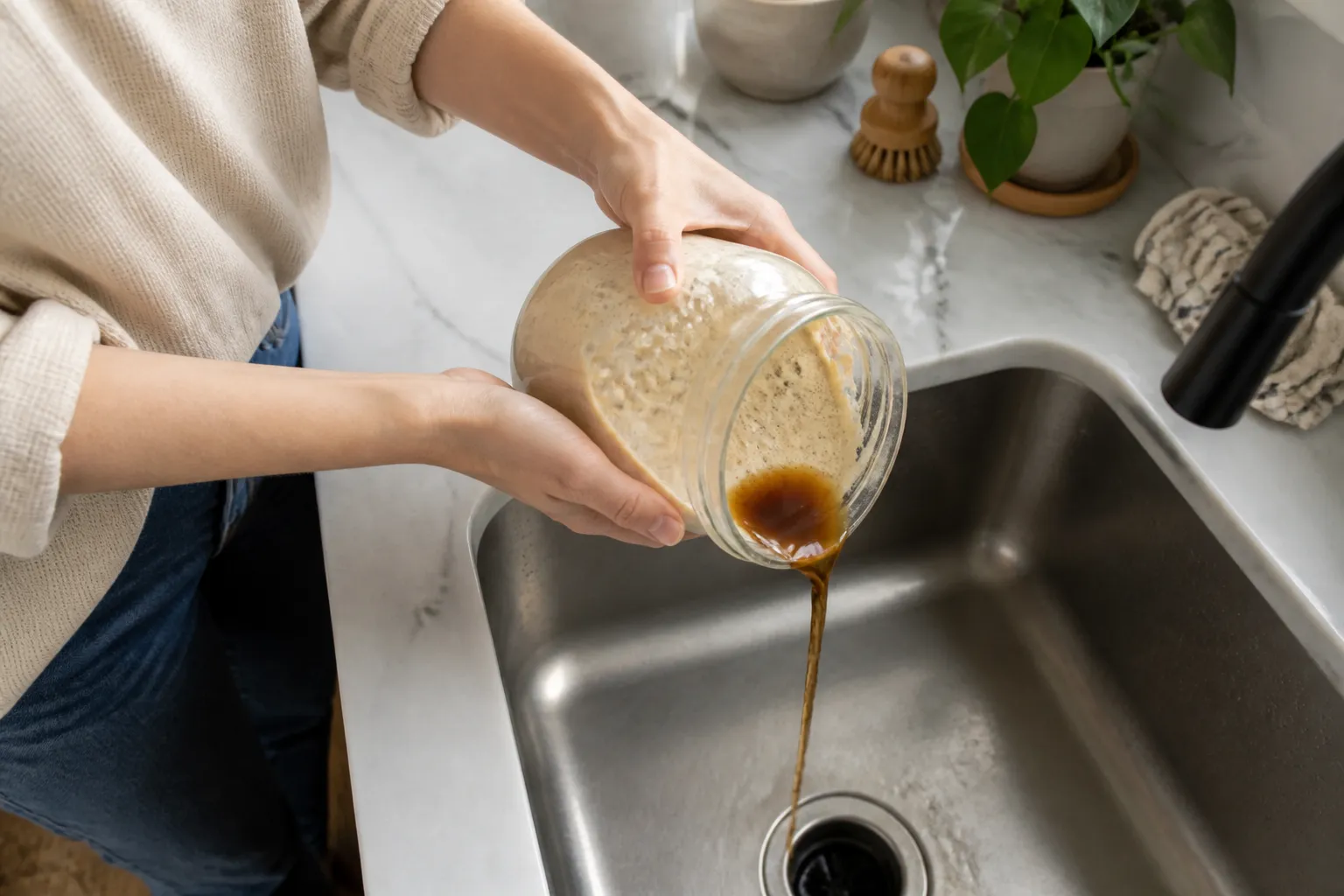A hand pouring off dark hooch from a sourdough starter jar