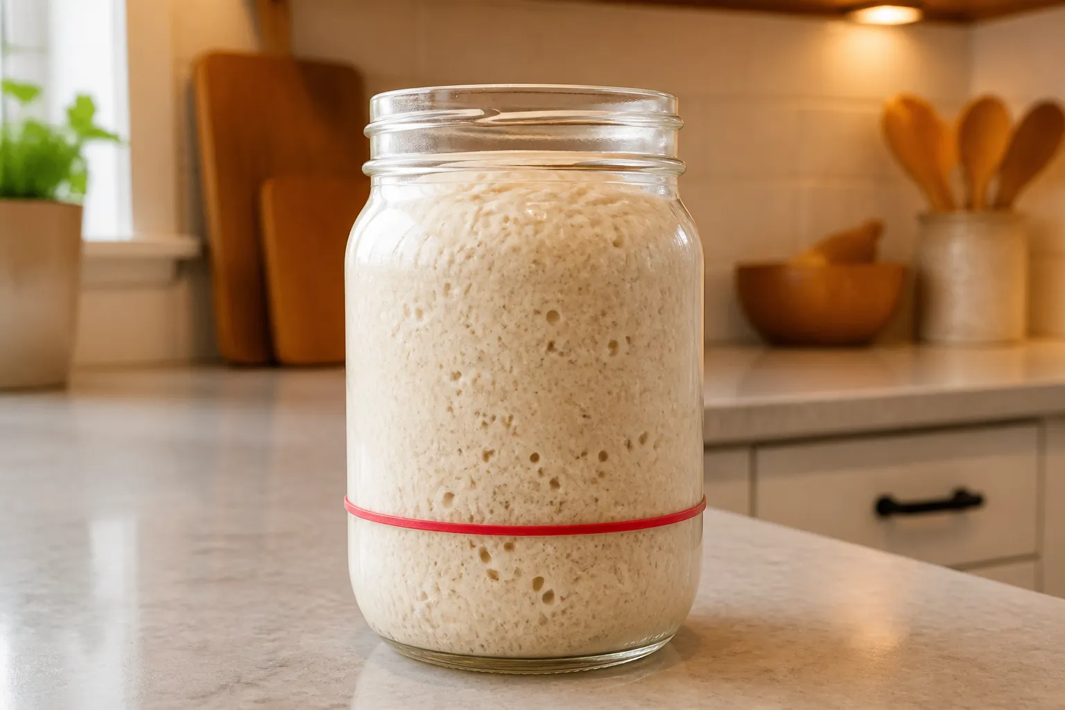A sourdough starter jar with a rubber band marking its initial level
