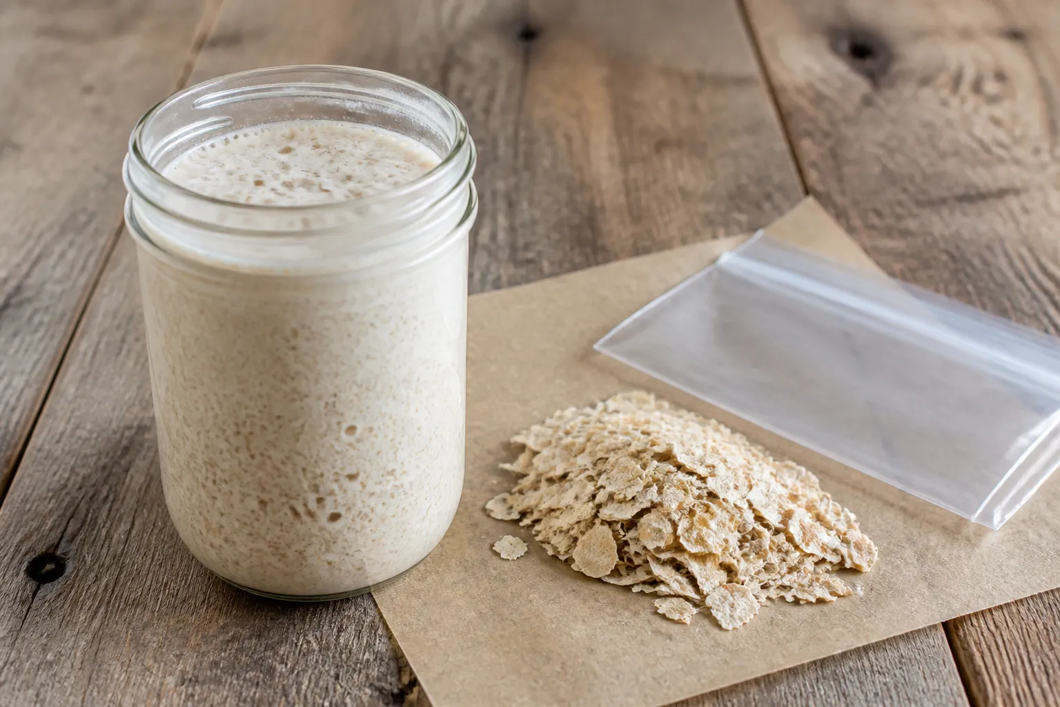 A jar of active, bubbly sourdough starter next to a small bag of dehydrated starter flakes